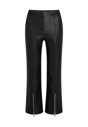 Black leather trousers with a fitted design, featuring zippered hems, flat front, and visible seam details. Smooth texture throughout.