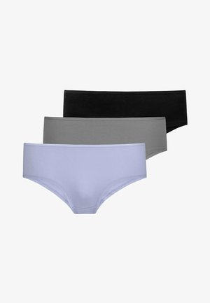 Trois paires de culottes hipster pour femmes en violet clair, gris et noir. Fabriquées en tissu doux avec des ceintures élastiques, au design sans coutures.