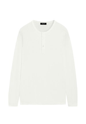 Weißes Henley-Shirt mit langen Ärmeln, rundem Halsausschnitt und Drei-Knopf-Leiste, schlichtes Design, flach liegend dargestellt.