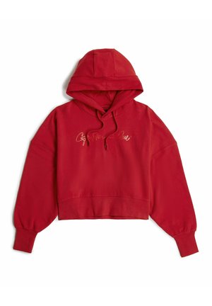 Red cropped hoodie with a drawstring hood, long sleeves, ribbed cuffs, and a slight sheen. Features script text on the front.
