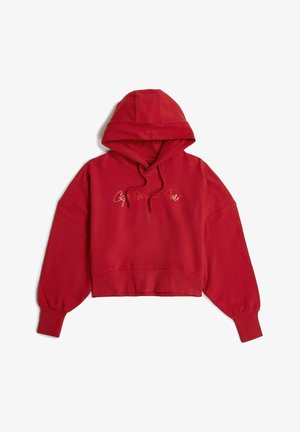 Red cropped hoodie with a drawstring hood, long sleeves, ribbed cuffs, and a slight sheen. Features script text on the front.