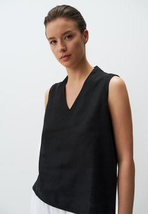 Top senza maniche nera con scollo a V in un tessuto testurizzato, caratterizzato da una vestibilità ampia e orlo dritto, ideale per un look casual.