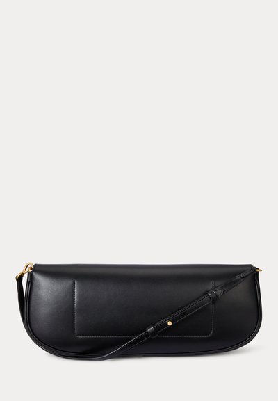 Black leather crescent-shaped handbag with an adjustable shoulder strap and gold hardware on a white background.
