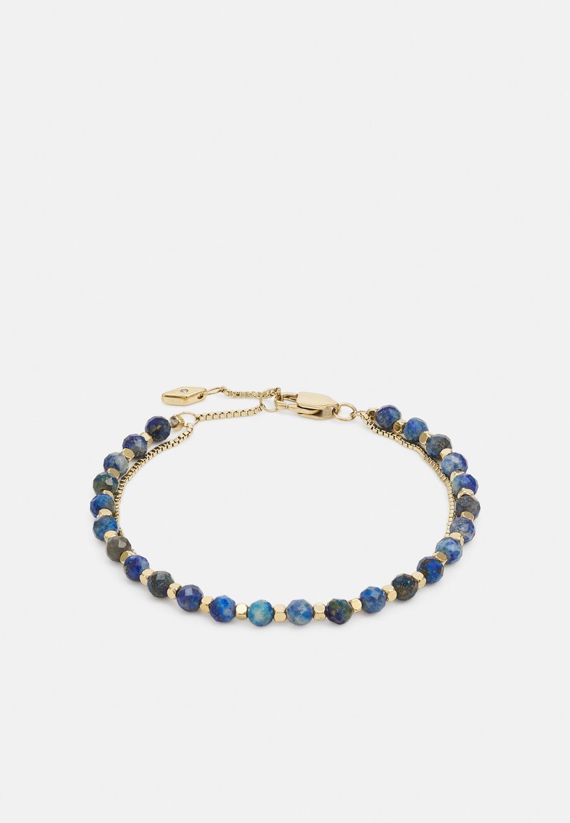 Gouden kettingarmband met blauwe en zwarte facettenkralen, afgewisseld met gouden accenten, met een stevige sluiting.