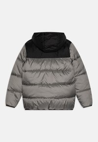 Gray puffer jacket with a black hood, featuring horizontal quilted sections and elastic cuffs. Smooth fabric with a shiny finish.