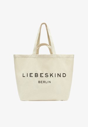 Beżowa płócienna torba na ramię z dwoma zestawami uchwytów i napisem "LIEBESKIND BERLIN" wydrukowanym czarnymi literami z przodu.