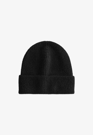 Black knit beanie hat with a ribbed texture and a folded cuff. The material appears soft and warm, suitable for cold weather wear.