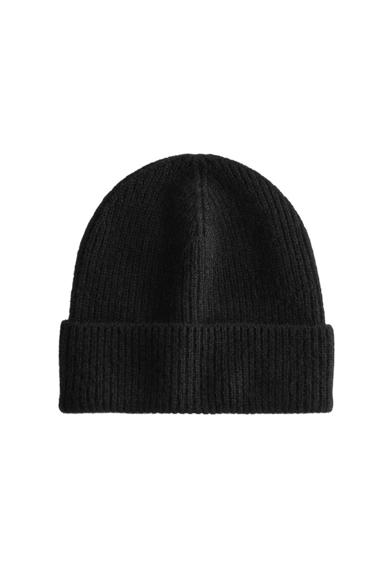 Black knit beanie hat with a ribbed texture and a folded cuff. The material appears soft and warm, suitable for cold weather wear.
