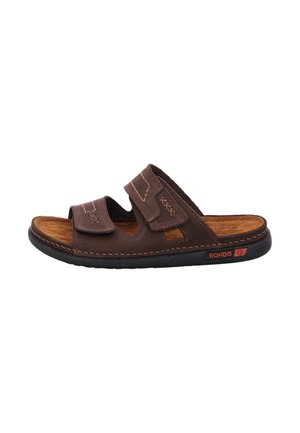 Brauner Leder-Sandalette mit offenem Zehenbereich, zwei verstellbaren Riemen und schwarzer Sohle, mit Nahtdetails und "Rohde"-Logo an der Seite.