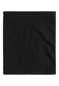 Sort fleece nakkebluse med en blød tekstur, rektangulær form og dobbeltstikninger i kanterne for holdbarhed. Velegnet til koldt vejr.