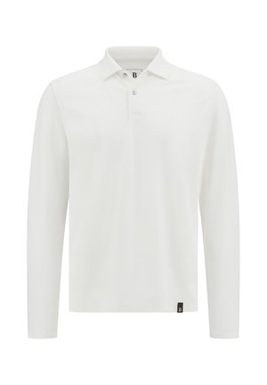 White long-sleeve polo shirt with a collar, two buttons, and a small dark logo patch on the left. Smooth texture and classic fit.