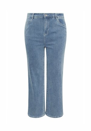 Hoch taillierte, hellblaue Jeans aus Denim mit geradem, weitem Bein, Vordertaschen, Gürtelschlaufen, Knopf- und Reißverschluss.