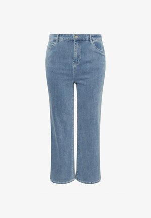 Jeans in denim azzurro chiaro a vita alta con taglio dritto a gamba larga, tasche frontali, passanti per cintura, chiusura con bottone e cerniera.