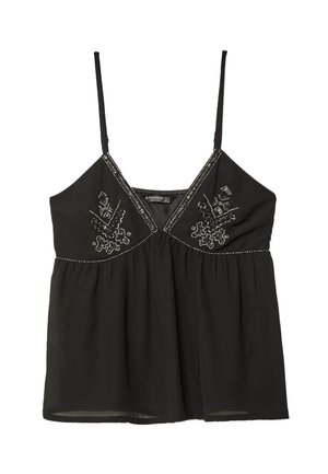 Black camisole top with thin straps, featuring intricate silver embroidery and a gathered waist. Lightweight fabric, relaxed fit.