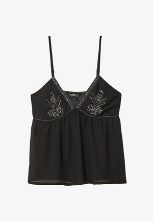 Schwarzes Camisole-Top mit dünnen Trägern, verziert mit aufwendiger silberner Stickerei und einem gerafften Taillenbereich. Leichter Stoff, lockere Passform.