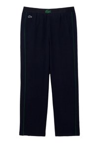 Navy atletiske bukser med grønne side-striber, elastisk linning og Lacoste-logo. Lavet af tekstureret stof, designet til komfort og bevægelse.