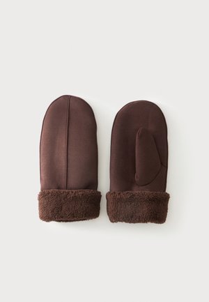 Paire de moufles marron avec des poignets doux et duveteux, présentées à plat avec les sections du pouce visibles sur un fond clair.