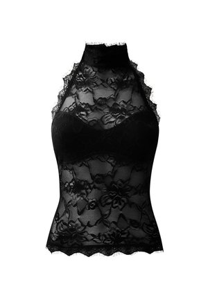 Top de encaje negro con patrones florales, un cuello alto, un dobladillo con puntillas y delicados flecos. Tela translúcida con un corpiño ajustado.