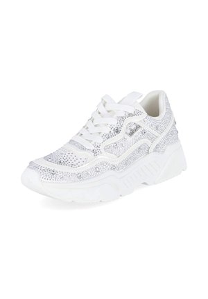 White chunky sneaker with thick sole, lace-up front, and silver rhinestone embellishments covering the upper and sides.