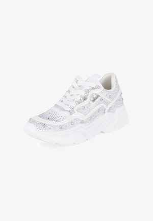 White chunky sneaker with thick sole, lace-up front, and silver rhinestone embellishments covering the upper and sides.
