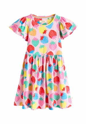Mädchen kurzärmliges pinkes Kleid mit buntem Erdbeermuster und geraffter Taille, aus weichem Stoff.