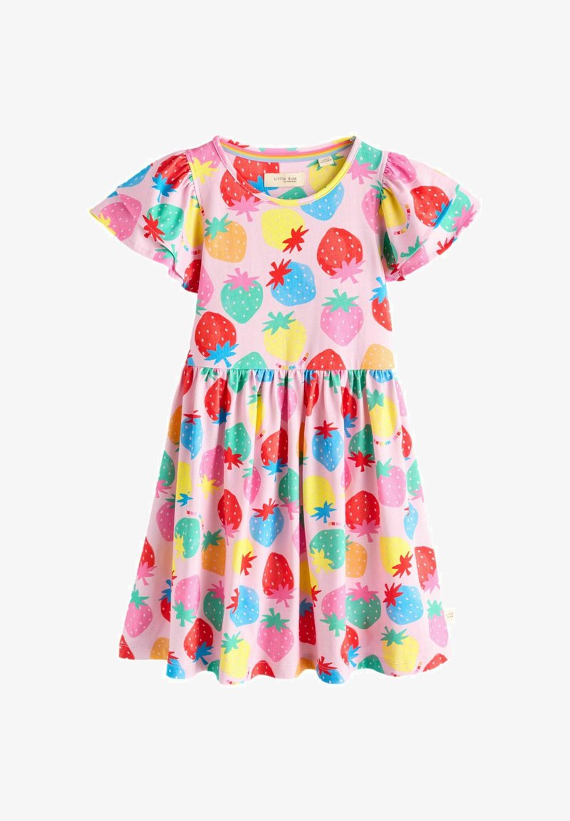 Robe rose à manches courtes pour filles, avec un motif coloré de fraises et une taille froncée, confectionnée en tissu doux.