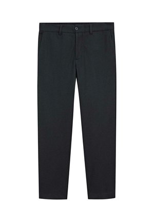 Black trousers with a straight leg design, made of smooth fabric. Features two front pockets and a button closure at the waist.