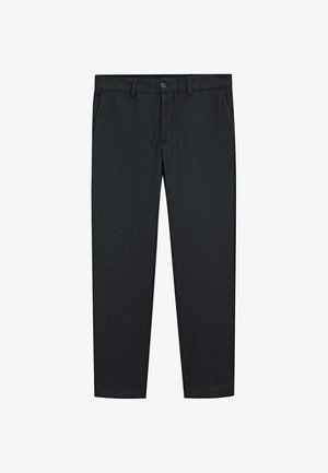 Pantaloni neri con un design a gamba dritta, realizzati in un tessuto morbido. Presentano due tasche frontali e una chiusura a bottone in vita.