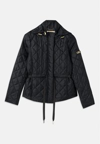 Black quilted jacket with a hood, featuring a cinched waist, two front pockets, gold hardware accents, and drawstrings for adjustment.