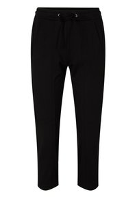 Pantalons de jogging noirs avec une taille à cordon, dotés de deux poches latérales et d'une coupe fuselée. Fabriqués dans un tissu lisse avec une texture subtile.