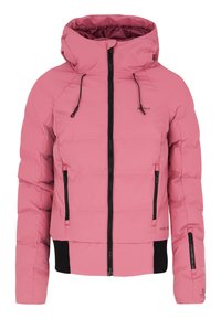 Rosa gepolsterte Jacke mit Kapuze, ausgestattet mit schwarzen Reißverschlüssen, Seitentaschen und gerippten Akzenten am Saum und an den Bündchen für eine taillierte Passform.