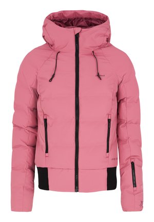 Rosa gepolsterte Jacke mit Kapuze, ausgestattet mit schwarzen Reißverschlüssen, Seitentaschen und gerippten Akzenten am Saum und an den Bündchen für eine taillierte Passform.