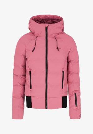 Veste rembourrée rose avec capuche, dotée de fermetures éclair noires, de poches latérales et d'accents côtelés au niveau de l'ourlet et des poignets pour un look ajusté.