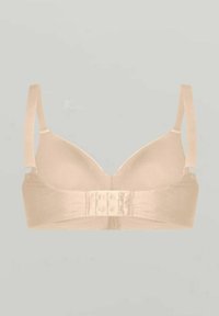 Beige bh med mjukt tyg, formade kupor, justerbara axelremmar och en hak-och-öga stängning på baksidan. Ingen vaddering eller byglar.