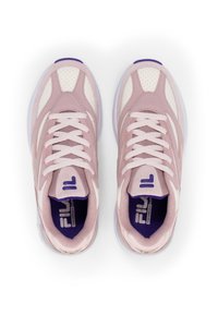 Light pink athletic shoes with white accents, mesh and suede materials, rounded toe, lace-up design, and purple interior branding.