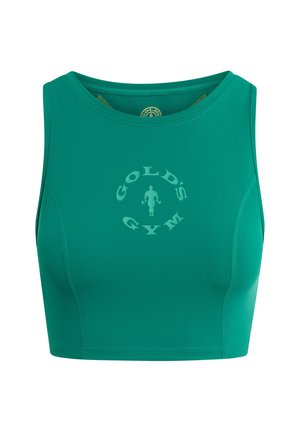 Bezrękawnik do ćwiczeń w kolorze morskim, krótki, z logo Gold’s Gym przedstawiającym sylwetkę sztangisty na środku klatki piersiowej.