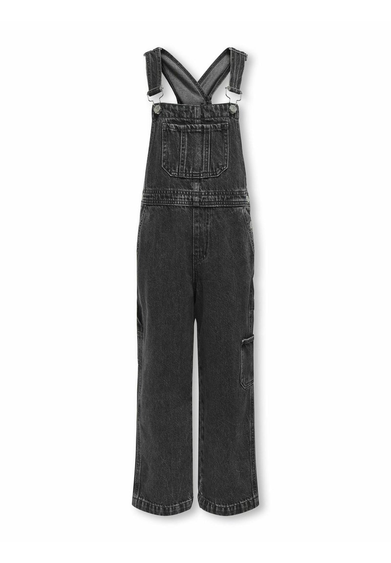 Sorte denim overalls med justerbare stropper, frontlomme, sidelomme og vide ben; strukturert stoff med en falmet finish.