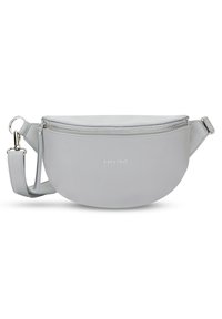 Borsa a tracolla in pelle grigia con forma curva, chiusura a zip e tracolla regolabile. Caratterizzata da dettaglio con logo sulla parte anteriore. Texture liscia.