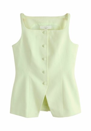 Ärmelloses blassgelbes Leinenoberteil mit stoffbezogenen Knöpfen vorne und einem leichten Schlitz am Vorderteil des Saums.