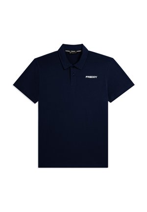 Polo de manga corta azul marino con cuello y tapeta de dos botones, con logo blanco "FREDDY" en el pecho izquierdo.