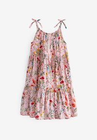 Rosa ärmelloses Kleid mit gestuftem Rock und floralem Muster, ausgestattet mit verstellbaren Bindegurten auf einem schlichten Hintergrund.