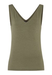 Olivgrünes ärmelloses Top mit V-Ausschnitt, aus weichem Stoff gefertigt, mit glatter Textur und klaren, einfachen Linien.