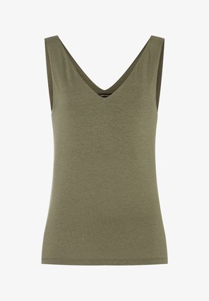 Olive green sleeveless top with a V-neck design, made of soft fabric, featuring a smooth texture and clean, simple lines.