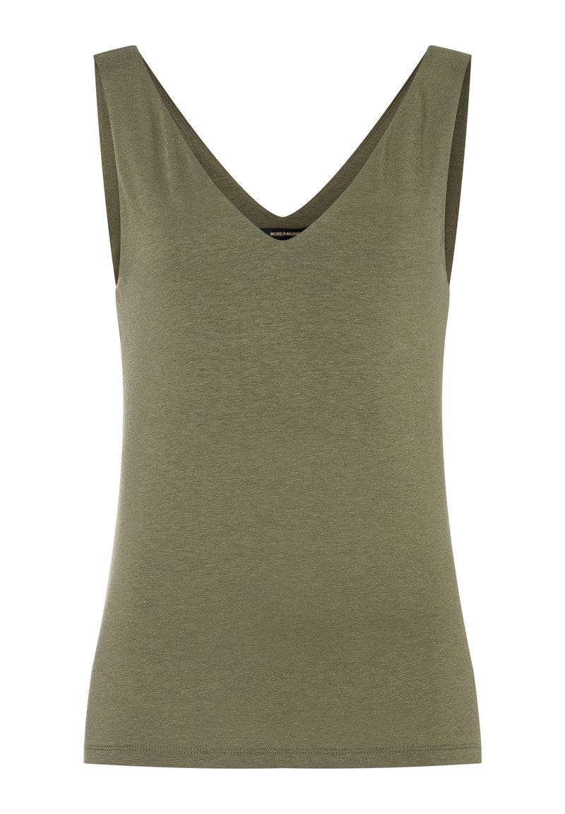 Olivgrünes ärmelloses Top mit V-Ausschnitt, aus weichem Stoff gefertigt, mit glatter Textur und klaren, einfachen Linien.