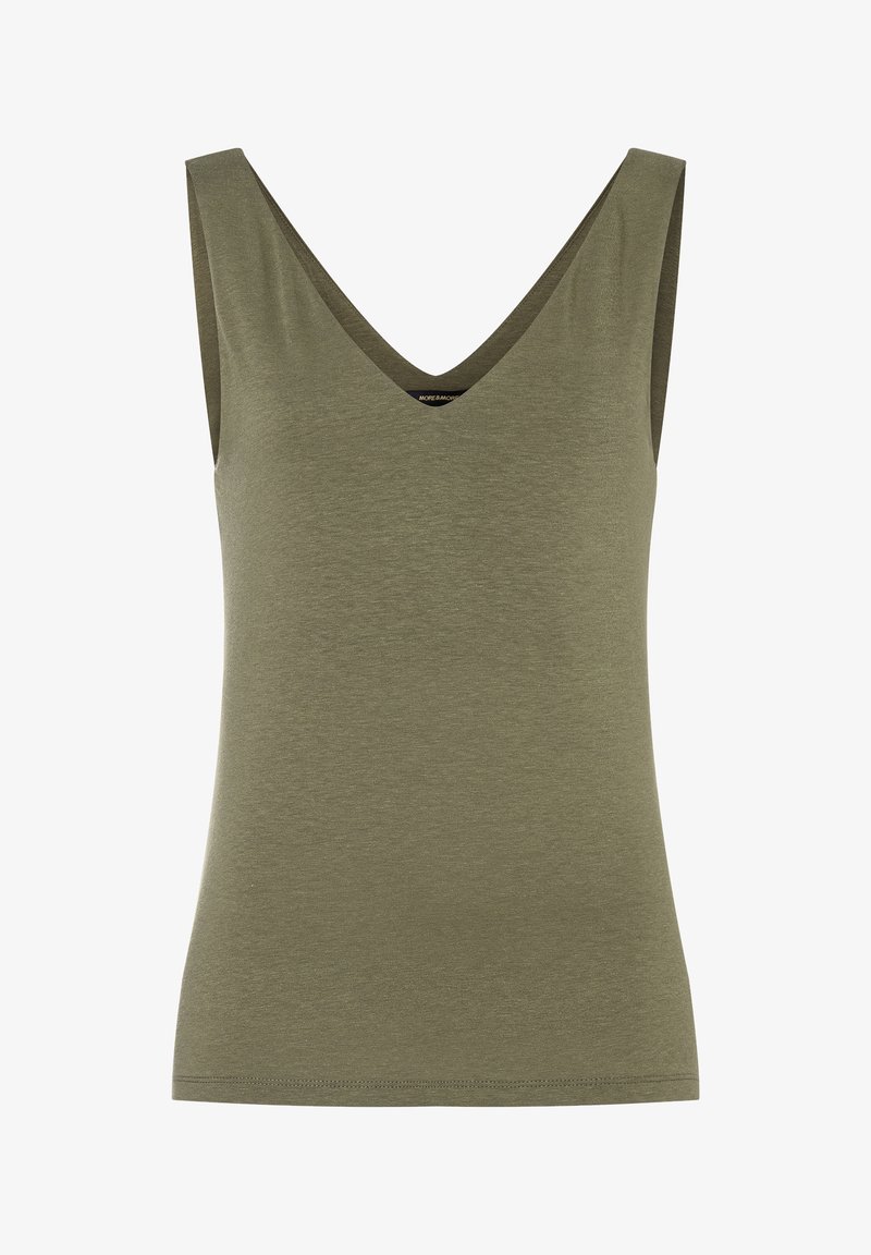 Olivgrünes ärmelloses Top mit V-Ausschnitt, aus weichem Stoff gefertigt, mit glatter Textur und klaren, einfachen Linien.