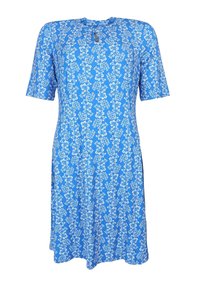 Blaues Blumenkleid mit kurzen Ärmeln, das weiße Blumenmuster aufweist. Rundhalsausschnitt und knielanges Design. Weicher, leichter Stoff.