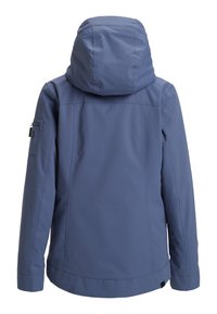 Wasserdichte blaue Jacke mit Kapuze, seitlichen Taschen und glatter Textur. Schlichtes Design mit Nähten entlang des Rückens und der Schultern.