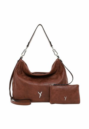 Sac à épaule en cuir brun perforé avec bandoulière amovible et petite pochette assortie, tous deux ornés de logos argentés en forme de Y.