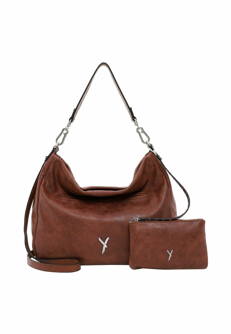 Sac à épaule en cuir brun perforé avec bandoulière amovible et petite pochette assortie, tous deux ornés de logos argentés en forme de Y.