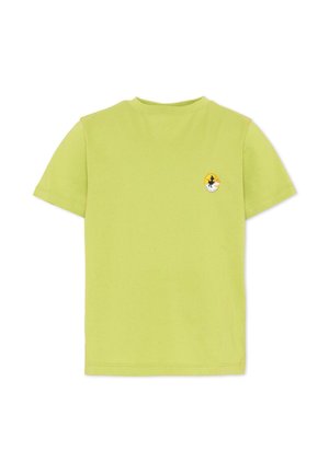 Effen lichtgroen T-shirt met korte mouwen en een kleine cirkelvormige zwarte silhouet van een heks en een maan op de linkerborst.